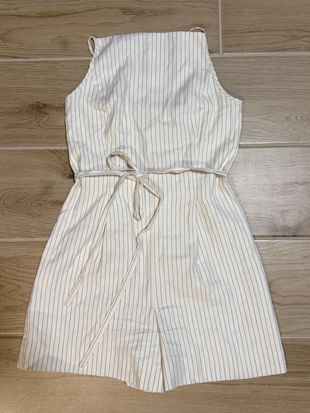 Madewell Cream with Black Pinstripe Tie-Waist Romper